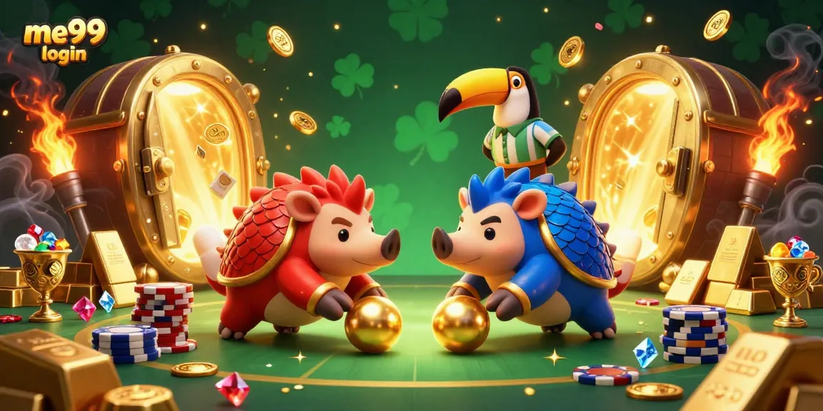 Experience seamless gameplay with me99 login, featuring exciting pangolins bowling through chips in a vibrant casino.