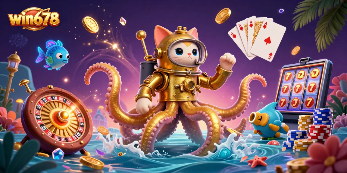 Experience the excitement of win678 with a kraken, diving cat, and casino elements.