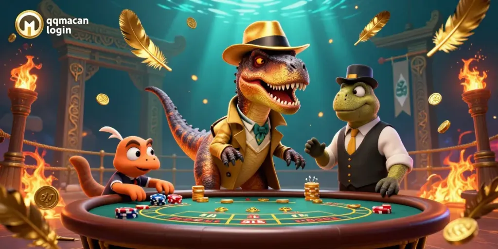 Experience the thrilling qqmacan login in this 3D casino scene filled with vibrant characters and gambling action.