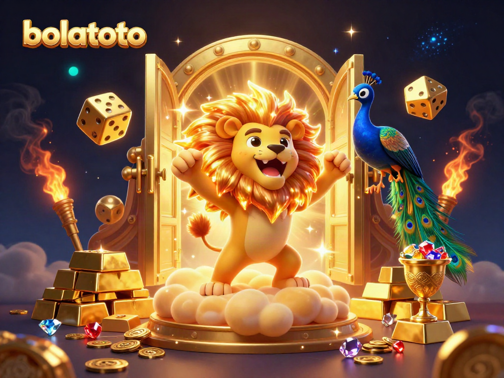 Experience the thrill of bolatoto with a vibrant 3D scene featuring golden dice and a roaring lion.