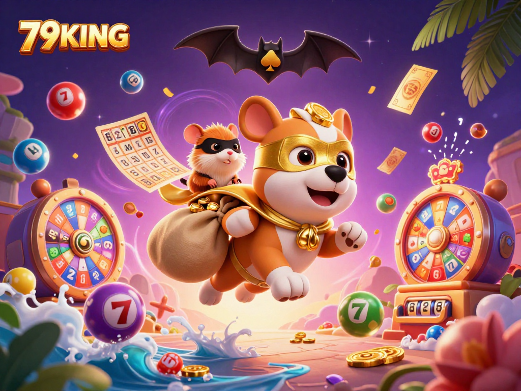 Engage with the thrilling world of 79KING as a superhero dog flies amidst colorful lottery elements.