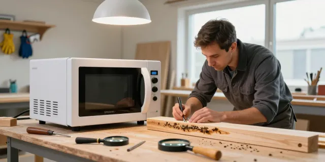 SHASHEL® microwave device eliminating wood-boring insects in a workshop setting.