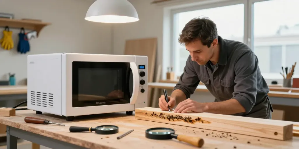 SHASHEL® microwave device eliminating wood-boring insects in a workshop setting.