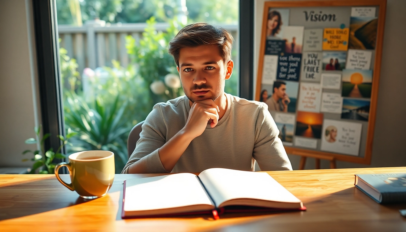 Reflecting on how to find my true Calling amid an inspiring workspace with a journal and vision board.