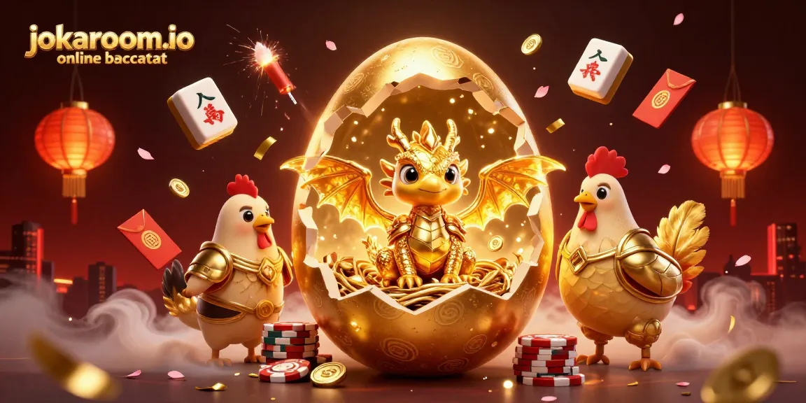 Experience the thrill of jokaroom.io online baccarat with a gold-dragon illustration amidst casino elements.