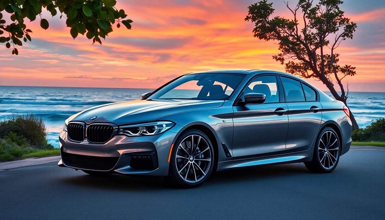 A stunning Luxury BMW car gleaming on a coastal road, embodying elegance and style.