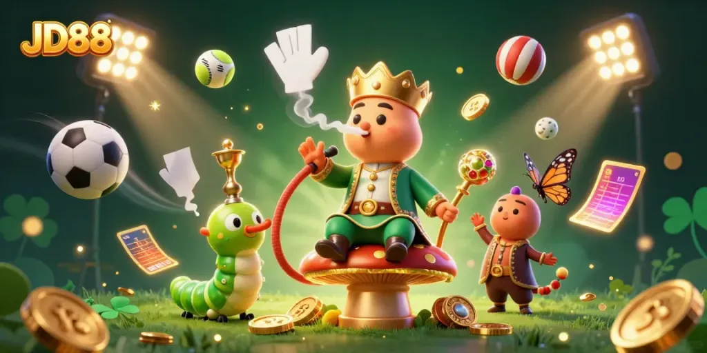 JD88 evokes excitement with a 3D caterpillar master in a golden throne, surrounded by sports elements.