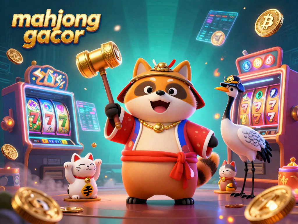 Experience the thrill of mahjong gacor with lively characters and dynamic slot elements in a vibrant casino illustration.