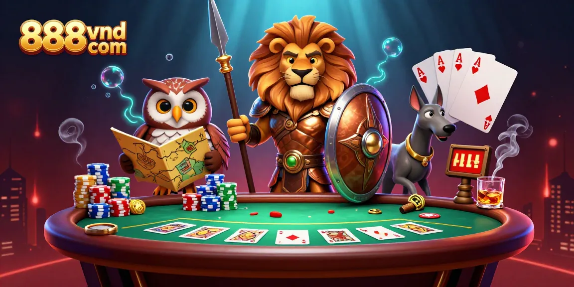Experience thrilling gameplay at 888vnd com with this vibrant casino scene featuring a Spartan lion, owl strategist, and greyhound messenger.
