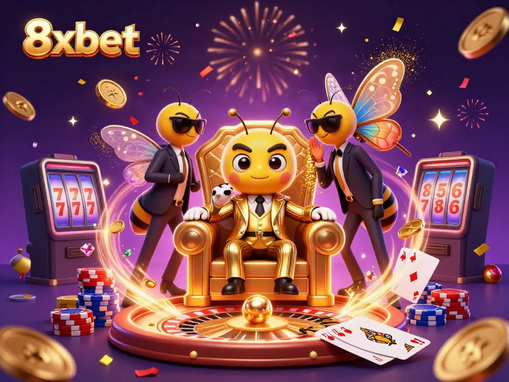 Experience thrilling gameplay with 8xbet as golden coins and gaming action unfold in a vibrant casino scene.