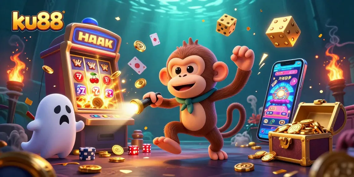 Experience the magic of ku88 with a playful poltergeist monkey and ghost-hunter puppy amid dazzling casino treasures.