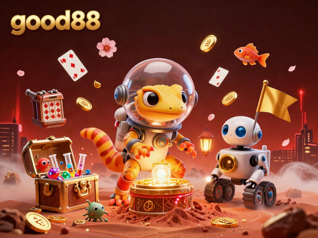 Experience winning at good88 with a Martian gecko exploring a golden casino in this vibrant 3D illustration.
