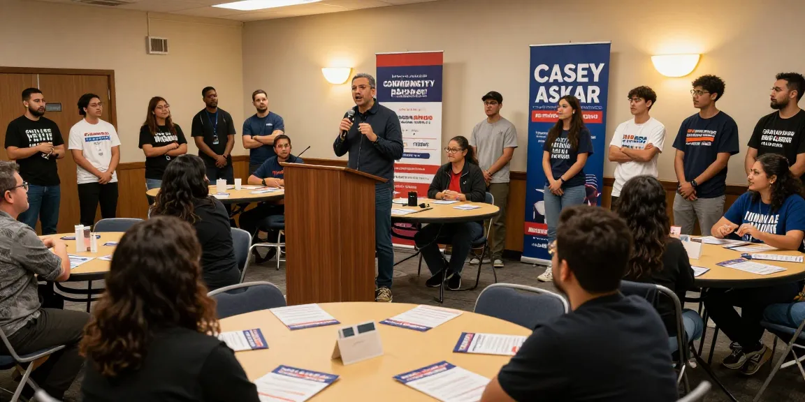 Casey Askar engaging with the community during a political debate in a vibrant setting.