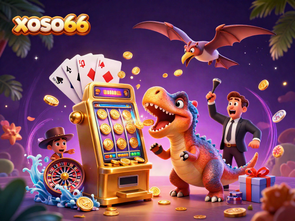 xoso66 invites gamblers with a vibrant scene of a dinosaur celebrating a jackpot from a slot machine.
