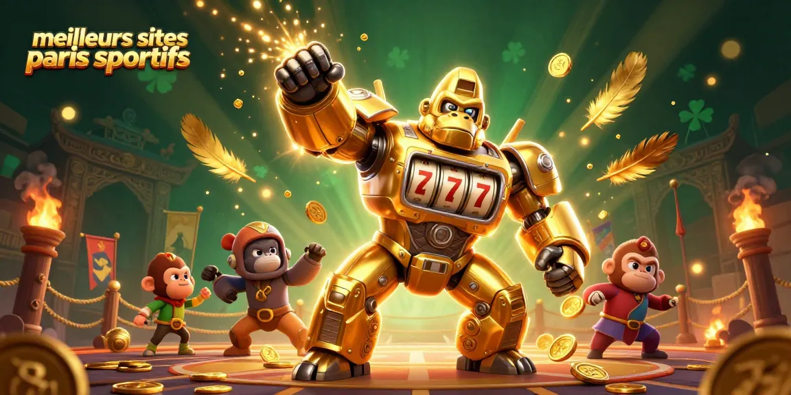Pariez sur les meilleurs sites de paris sportifs avec une illustration dynamique de gorille mech et de pièces d'or.