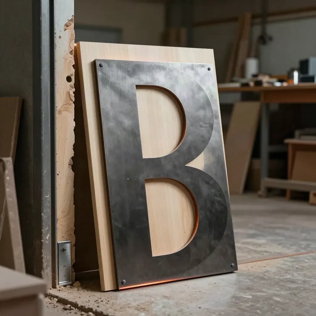 Custom metal sign panel leaning in a workshop doorway with warm light and timber backer.