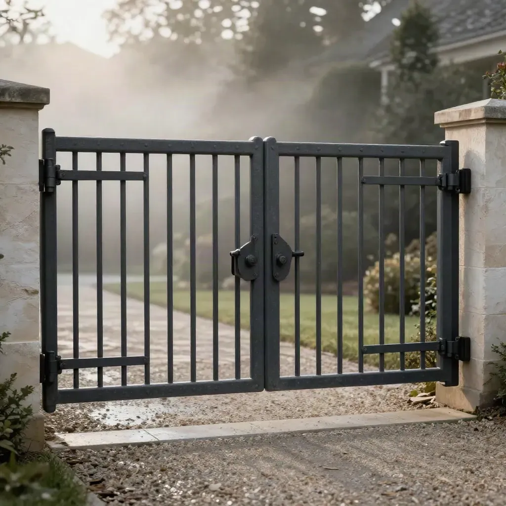 Dark steel driveway gates mid-alignment at a gravel entry in cool mist.