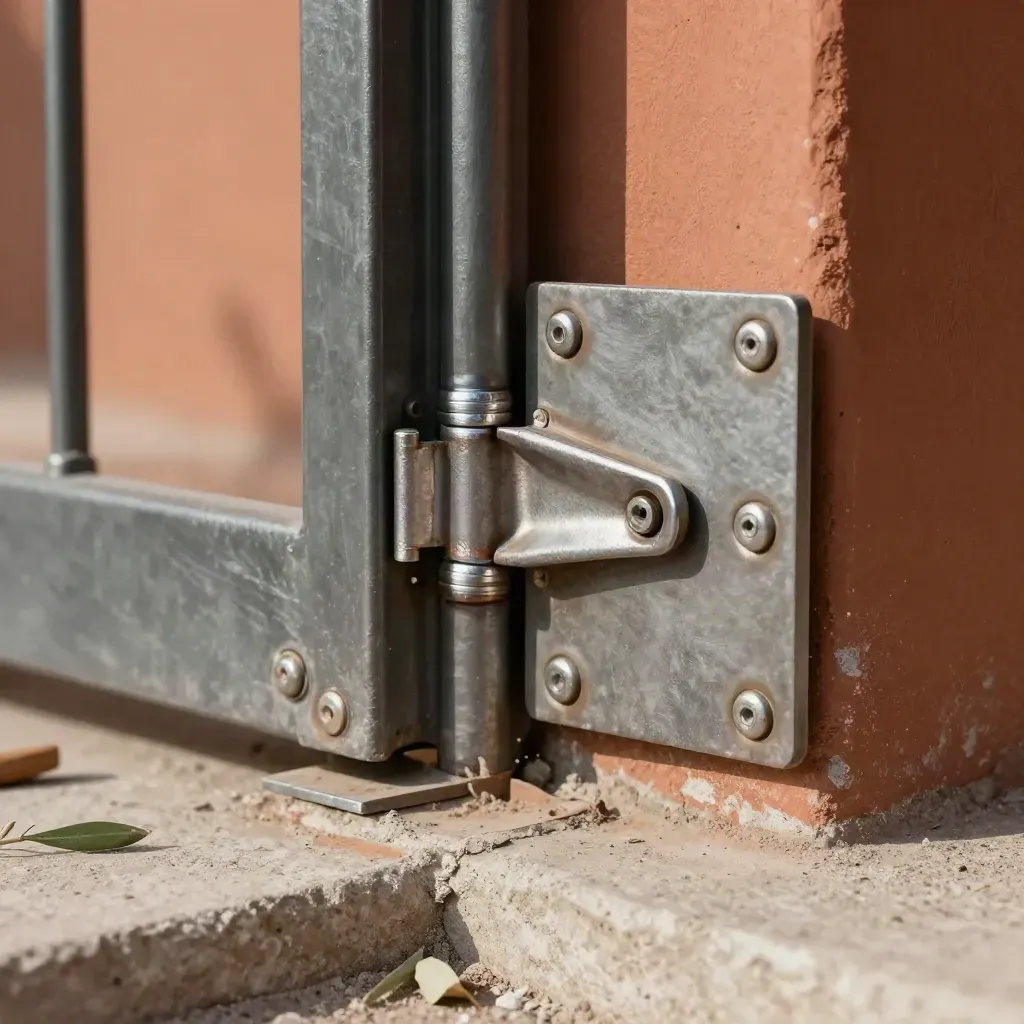Repaired gate hinge on a post, fresh fasteners and clean welds in warm outdoor light.