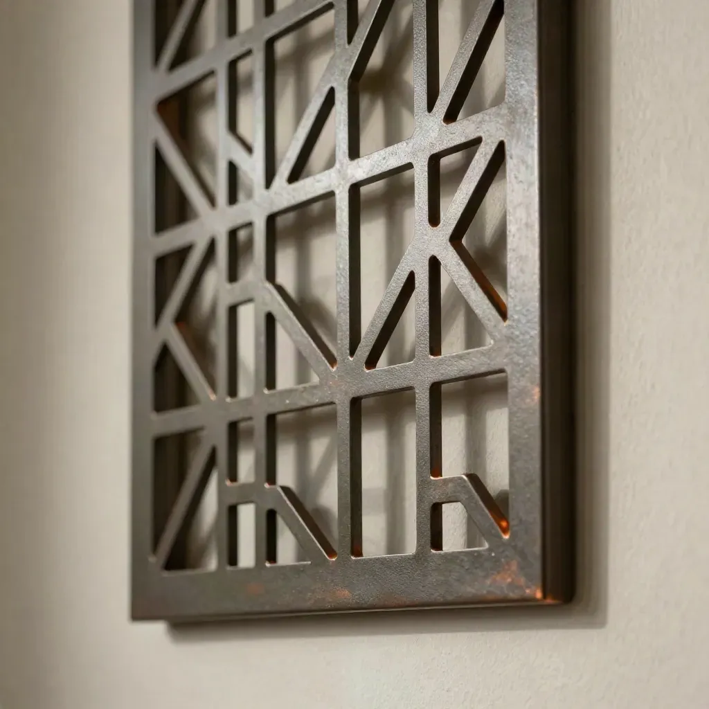 Laser-cut steel decorative panel casting a geometric shadow on a pale wall, lit in moody cinematic haze.