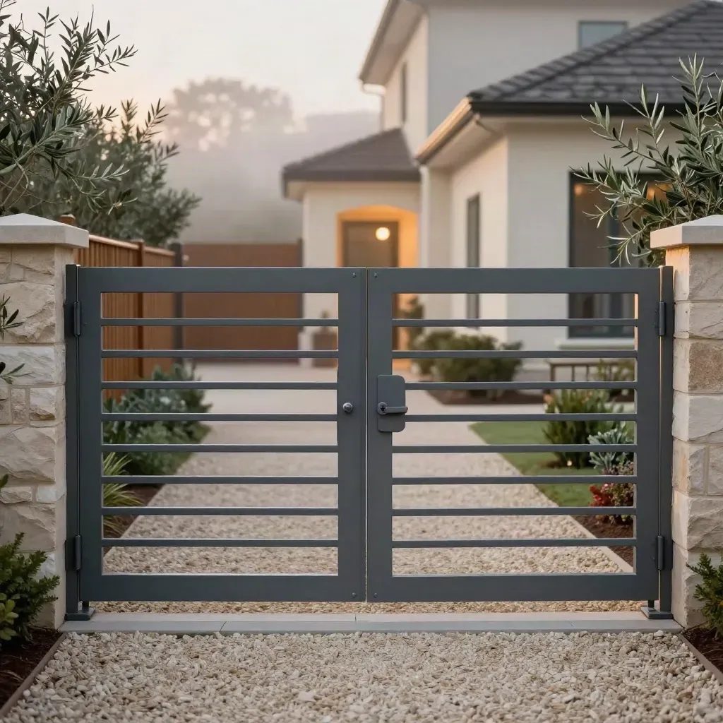 Steel front and side gates newly aligned at a new home entry in evening mist.