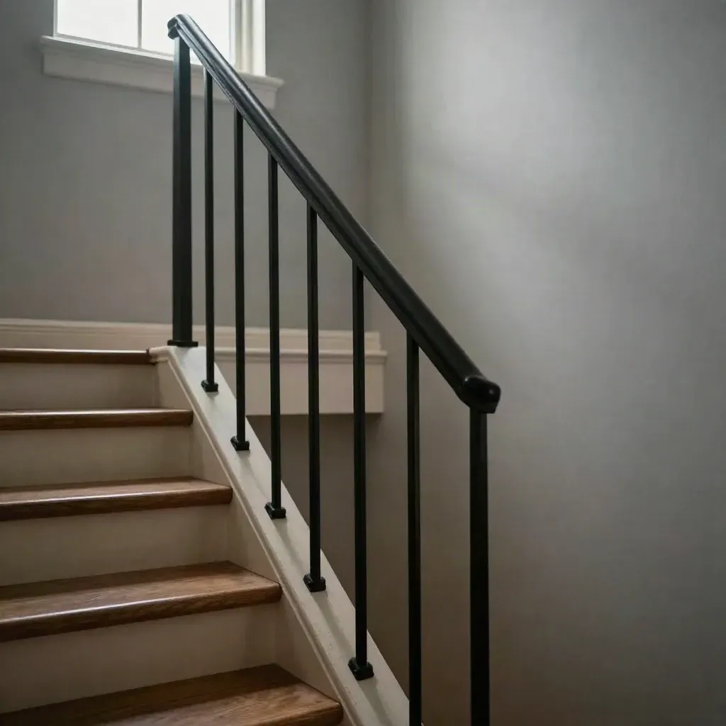 Slim black handrails guide a worn stairwell with soft daylight and a quiet landing turn