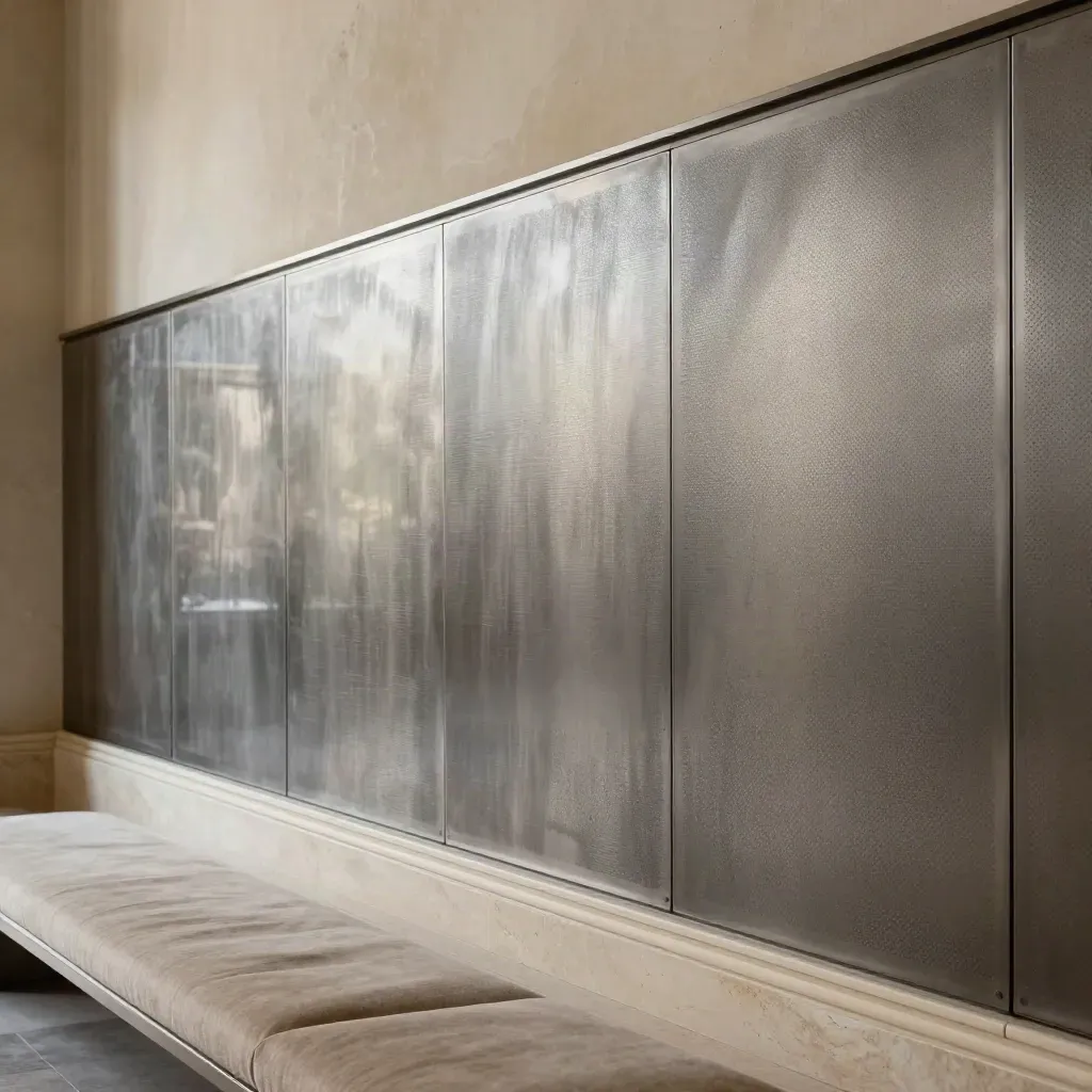 Decorative steel lobby panels transform worn walls beside a refined ivory bench.