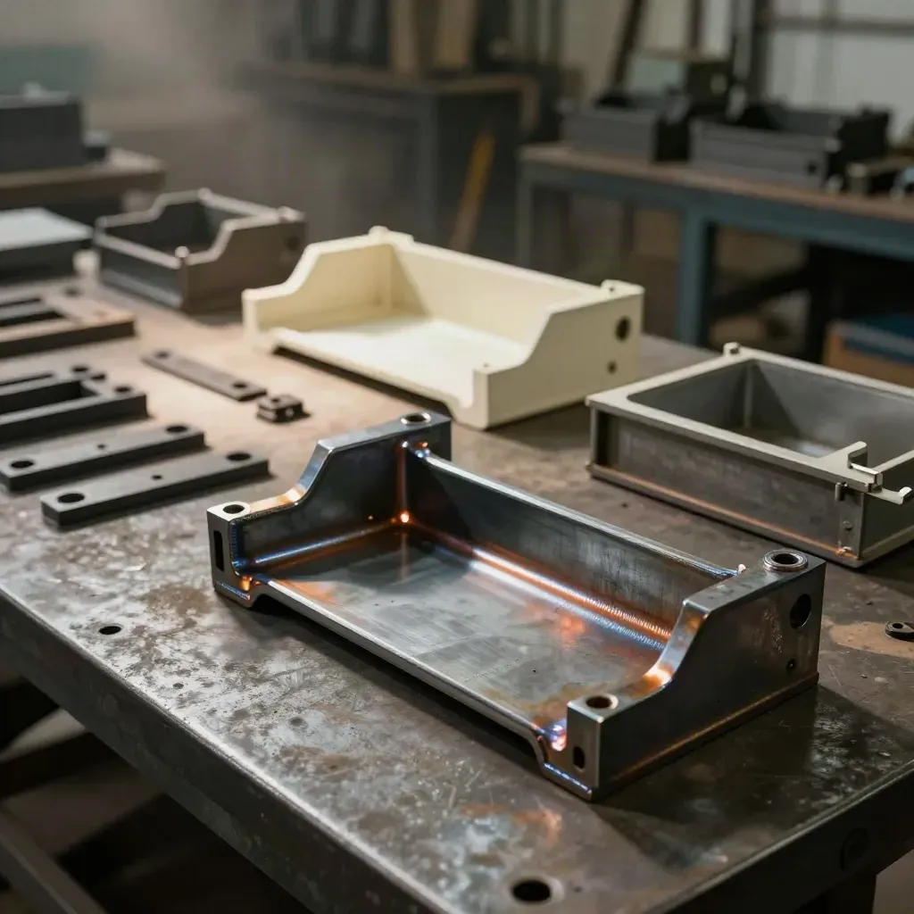 Steel prototype brackets and spacer pieces arranged on a workbench in a hazy fabrication shop.