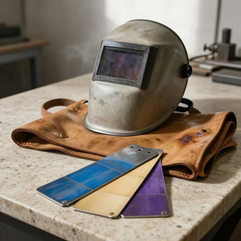 Welding helmet, leather apron, and heat-tinted steel sample coupons on a travertine workbench.
