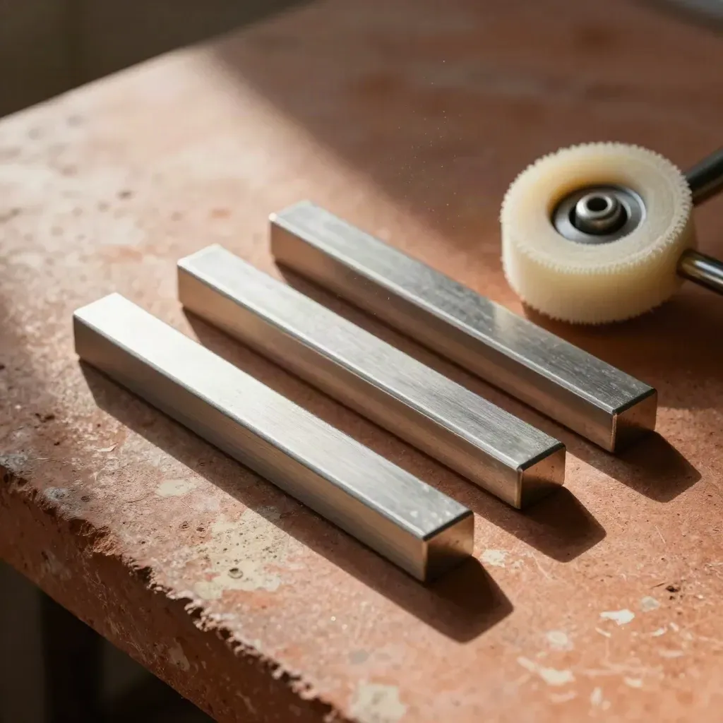 Steel sample bars, polish tin, and buff wheel on a terracotta firebrick bench in soft workshop light.