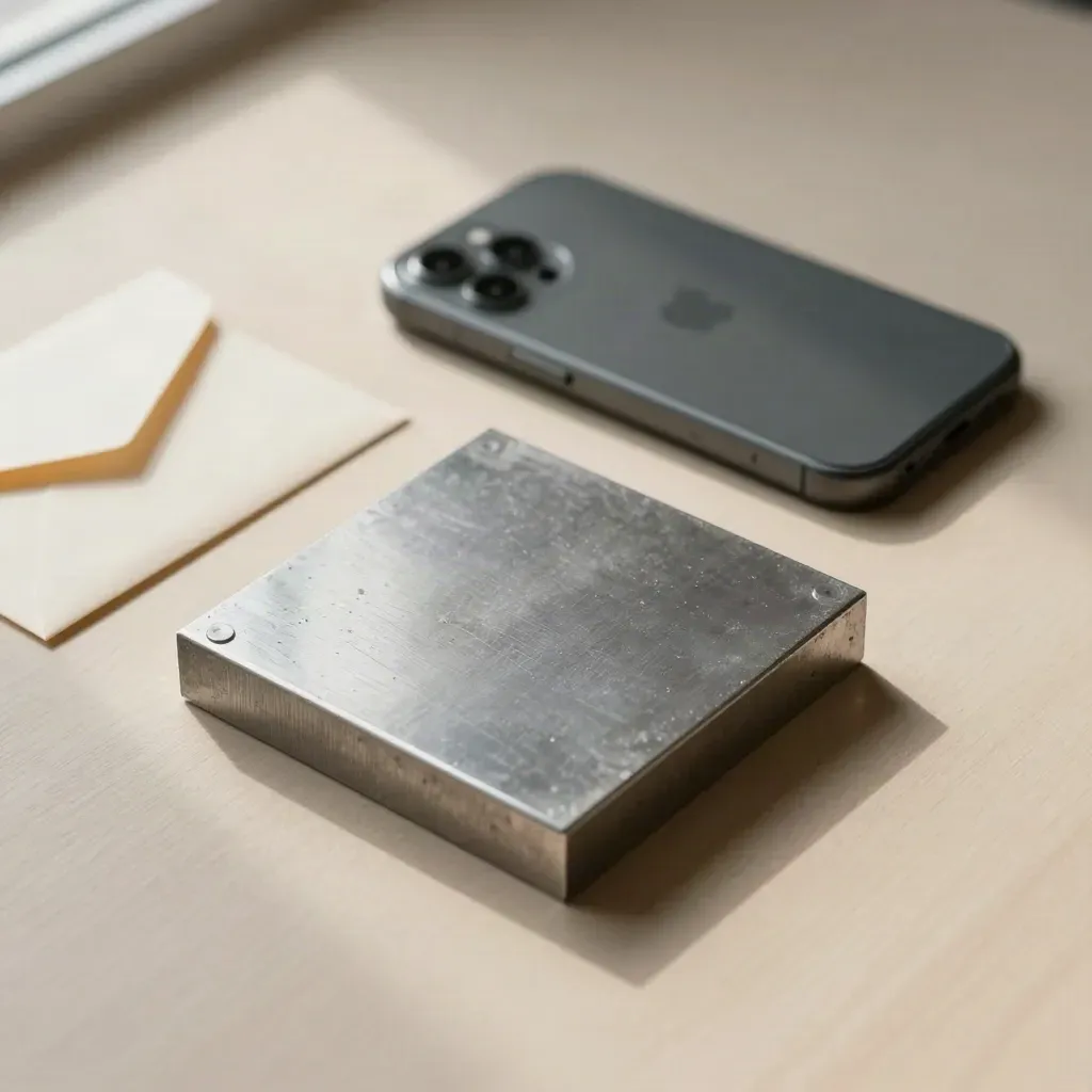 Overhead still life of a steel sample, face-down phone, and blank envelope on pale wood.