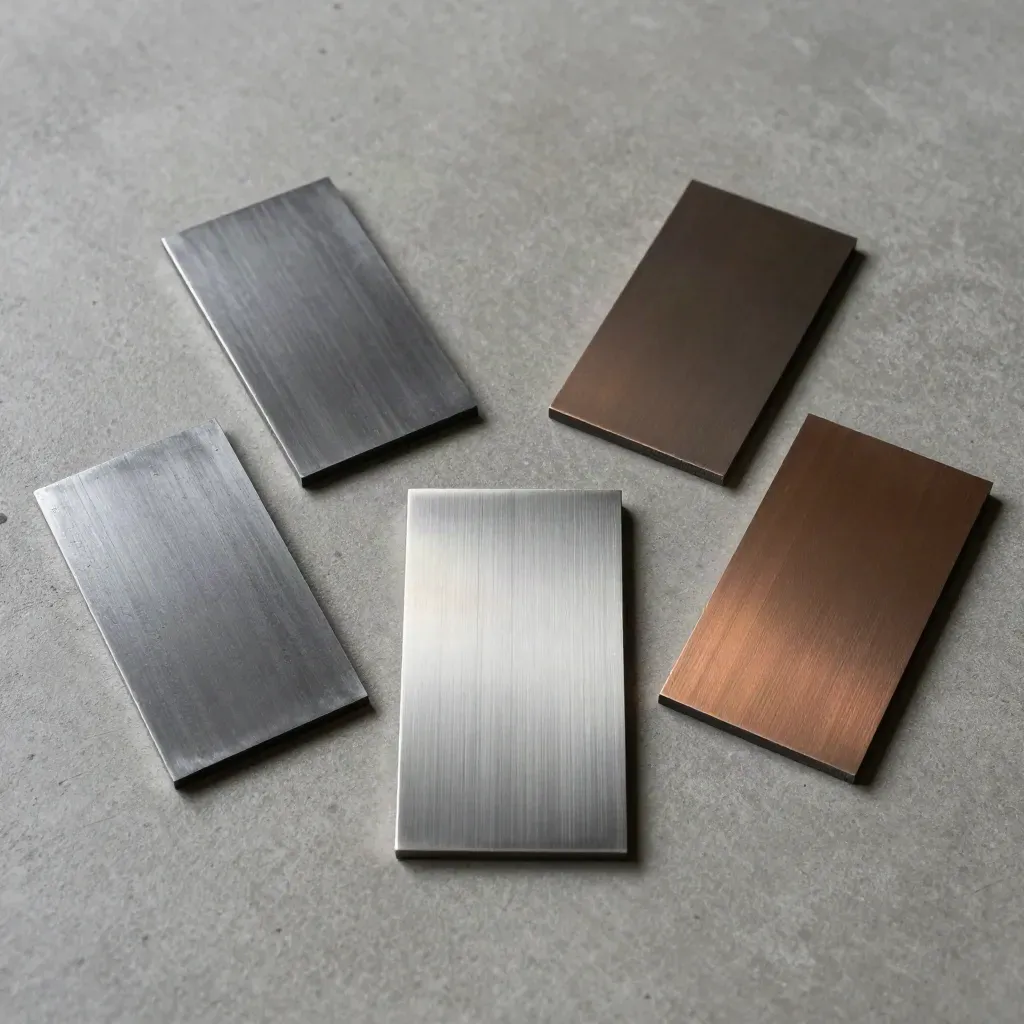 Overhead flatlay of steel finish chips fanned on pale concrete, with bronze accent and soft side light.