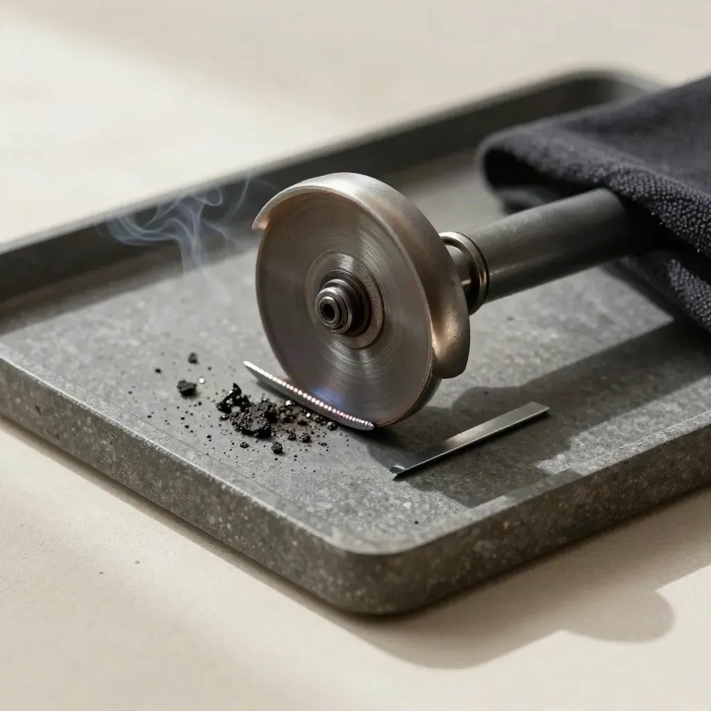 Steel weld test pieces on a stone tray with a cut-off wheel and slag flakes in soft light