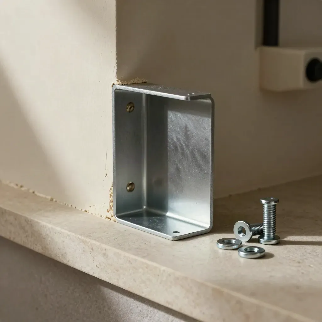 Mounted steel bracket in a masonry corner with spacer blocks and fasteners on a pale stone sill.