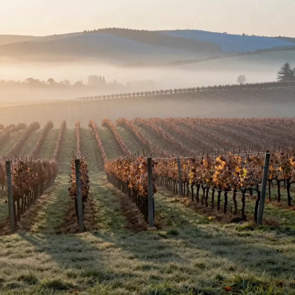 Foggy Willamette Valley vineyard rows at sunrise with distant hills and open foreground