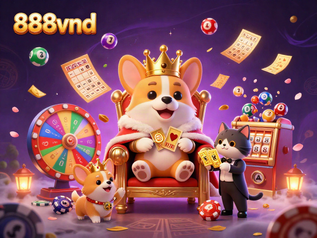Experience the thrill of 888vnd with a lively casino scene featuring vibrant lottery balls, golden cards, and a whimsical royal corgi.