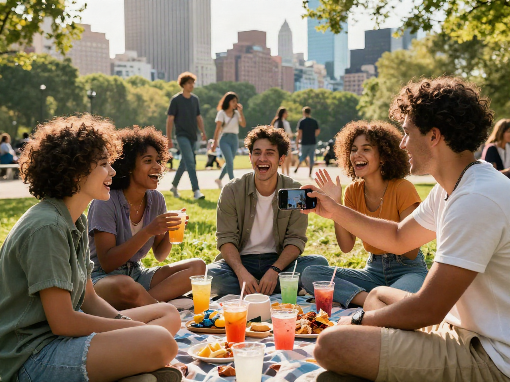 An outdoor group sharing results of an attractive test, enjoying drinks and snacks in a vibrant urban park.