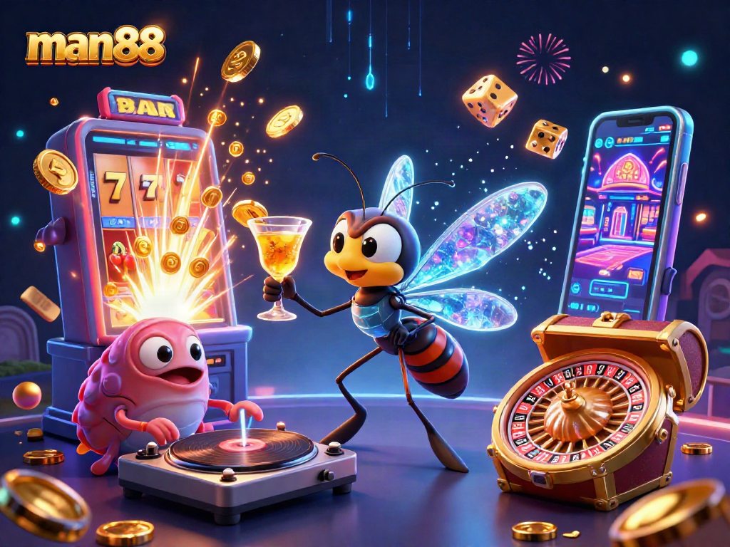 Exciting neon casino scene showcasing man88 with vibrant 3D characters and dynamic gaming elements.