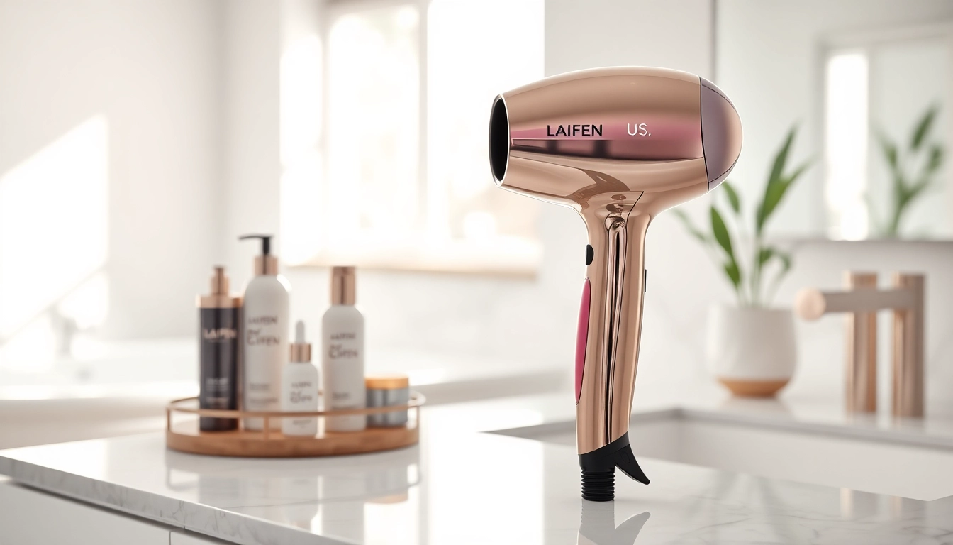 Showcasing Laifen US high-speed hair dryer in a stylish vanity setting with elegant lighting.