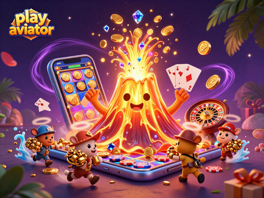 Play Aviator and win with the animated volcano erupting coins and treasure, showcasing a vibrant casino scene.