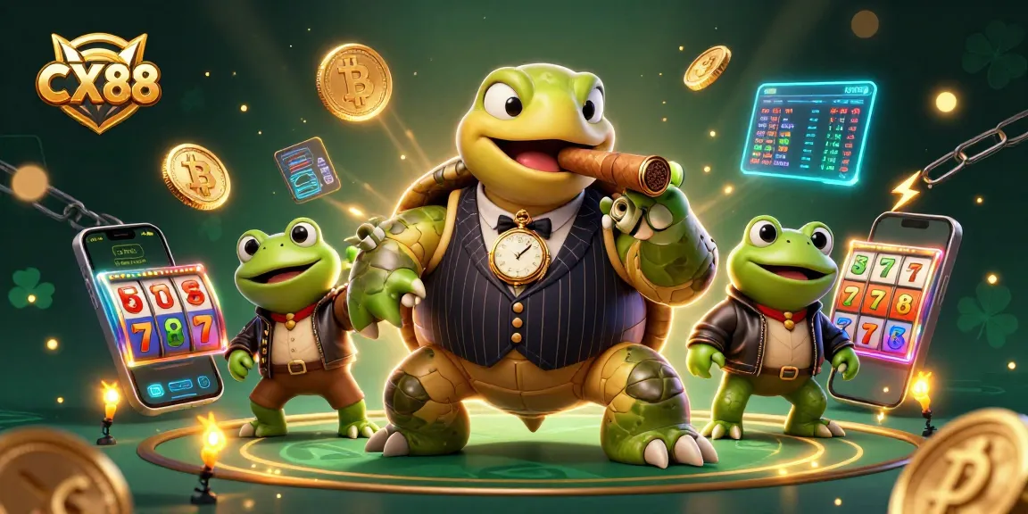 Experience the thrill of CX88 casino gaming with animated characters amidst vibrant slot machines and crypto elements.