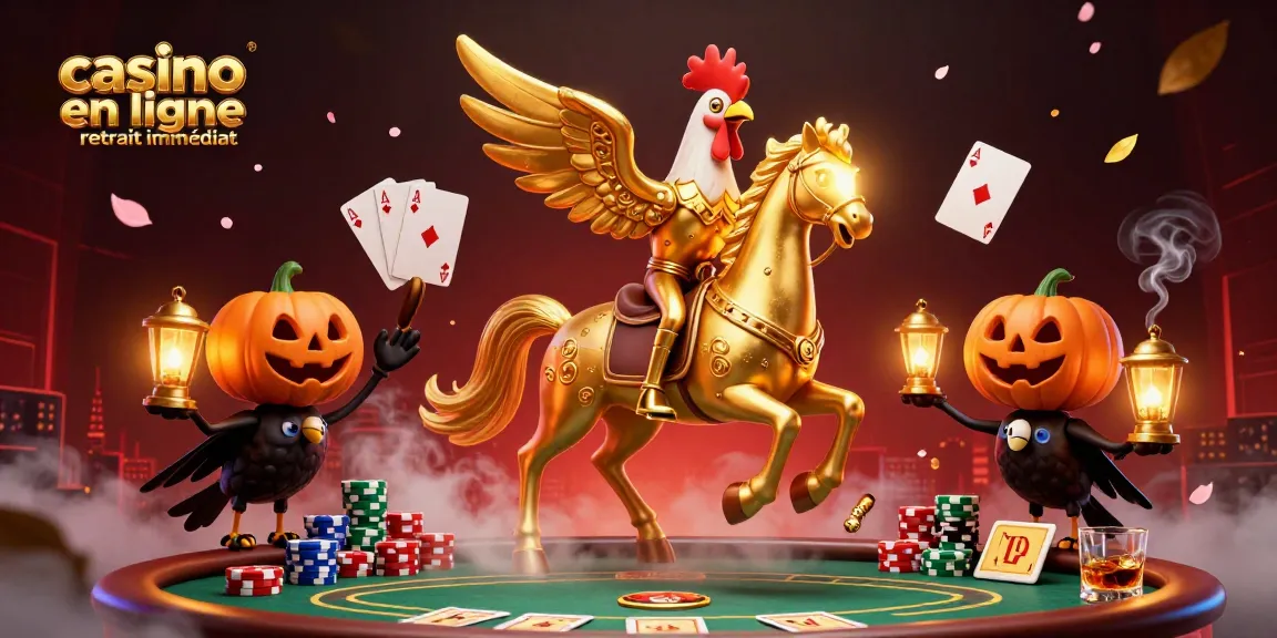 Jouez à casino en ligne retrait immédiat avec un rooster doré et des amis fantomatiques illuminant le casino.