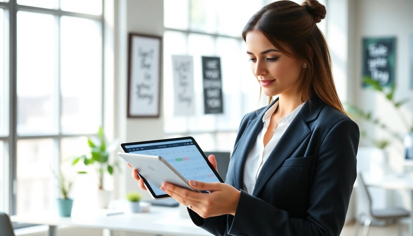 Automate sales meeting scheduling with a businesswoman managing her calendar in a modern office.