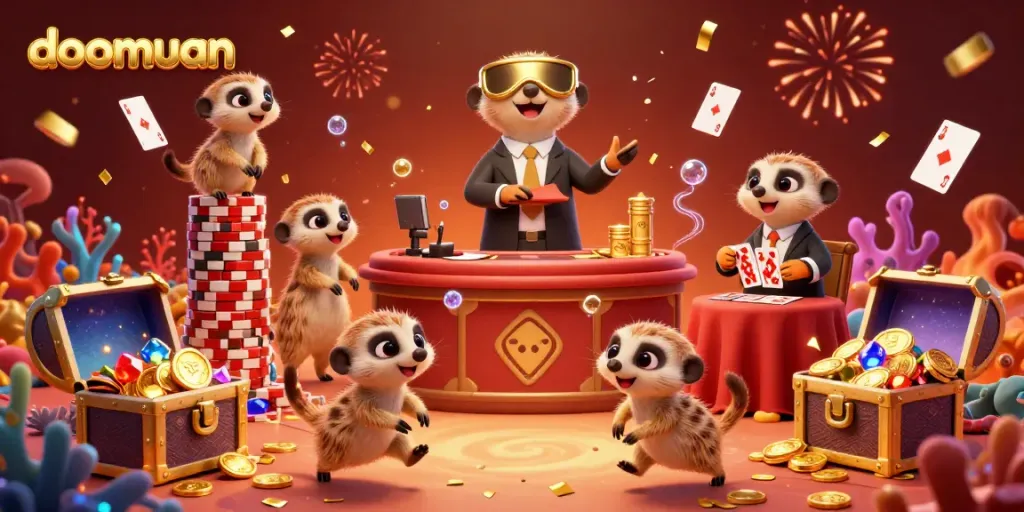 Dive into the vibrant world of doomuan with cartoon meerkats running a lively casino adventure.