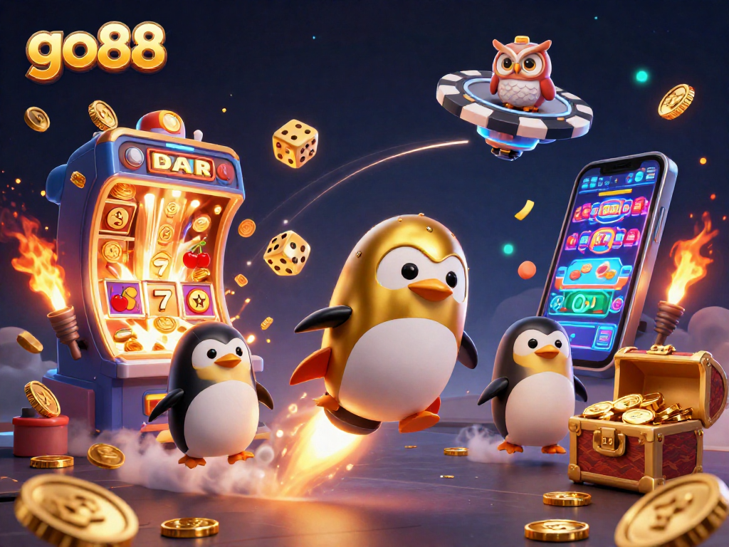 Experience the thrill of go88 as a golden penguin blasts through a casino space scene filled with jackpots and fun!