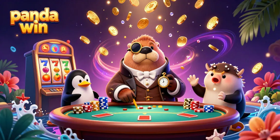 Panda win: A jolly walrus plays poker underwater with friends as coins and slot reels fly around.