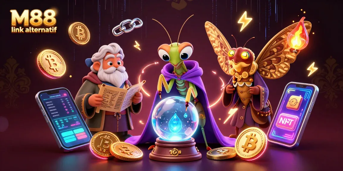 Engage with M88 link alternatif through a vibrant illustration showcasing a mystical fortune teller and wise moth librarian in a casino setting.