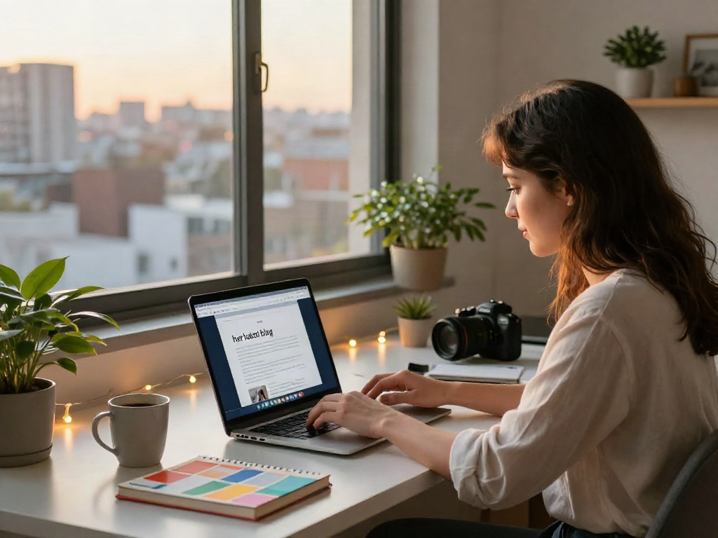 An enthusiastic woman at her stylish home office, showcasing her latest blog on a laptop.