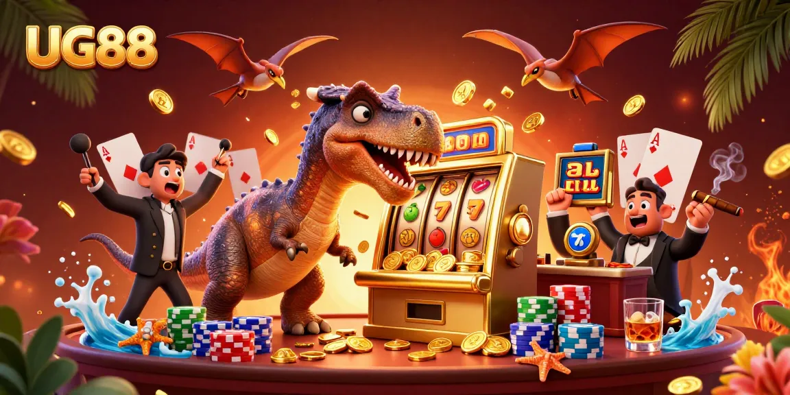 UG88 features a pachycephalosaurus winning jackpot coins with vibrant casino elements.