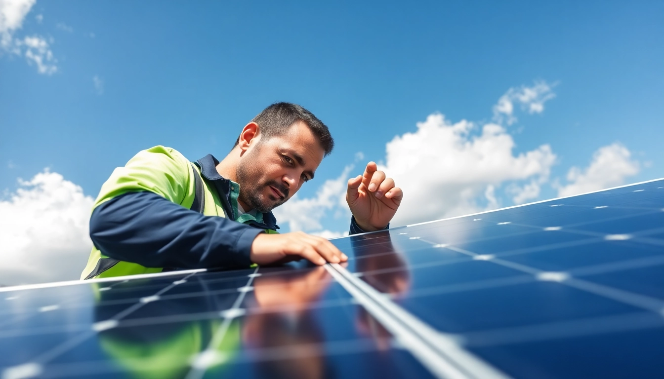 Technician performing solar system repair on a residential solar panel, ensuring optimal performance.