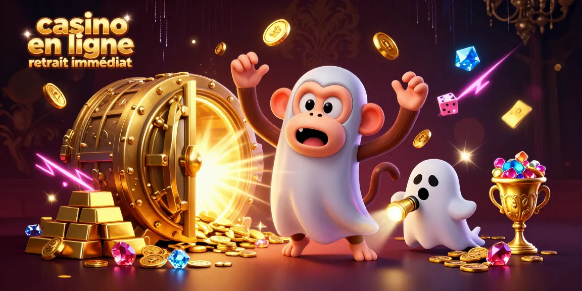 Illustration captivante d'un casino en ligne retrait immédiat avec un singe poltergeist et un chiot chasseur de fantômes.